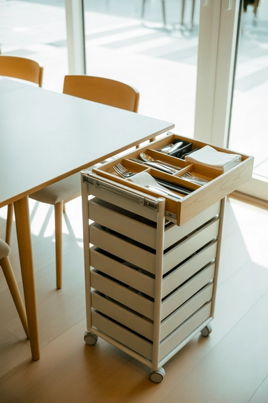 21 Small Dining Room Storage Ideas That Maximize Space 17 Drawer Cart Storage That Moves With the Dining Area