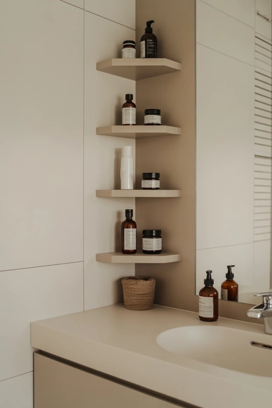 Floating Corner Shelves Beside the Vanity