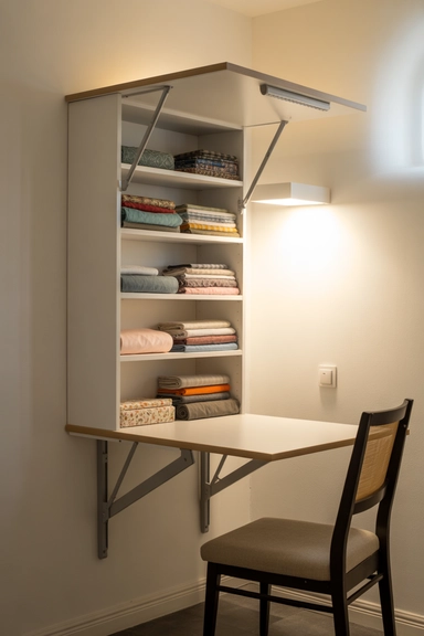Fold-Down Sewing Table With Built-In Fabric Storage