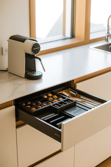 Pull-Out Coffee Station Drawers That Reset the Counter After Use