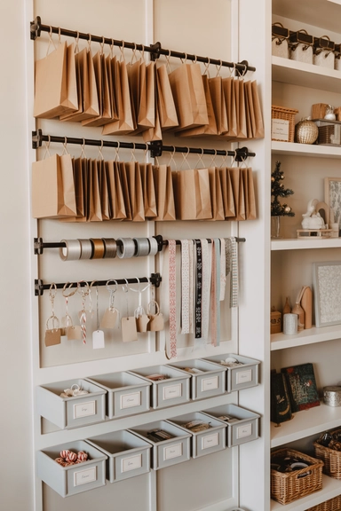23 Holiday Decoration Storage Ideas That Prevent Chaos Every Year 17 Vertical Gift Bag and Ribbon Organizing Wall