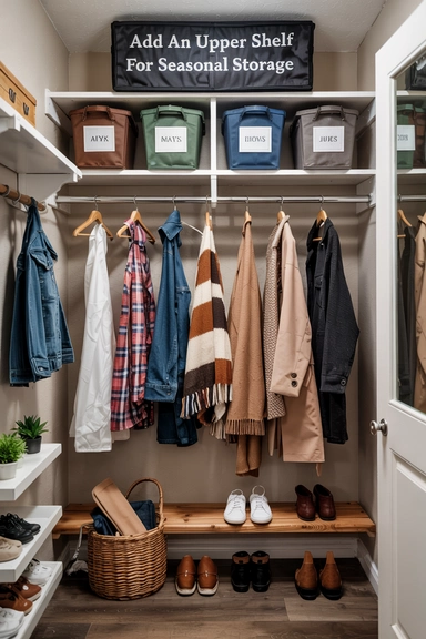 23 Coat Closet Organization Ideas That Actually Work 18 Add an Upper Shelf for Seasonal Storage