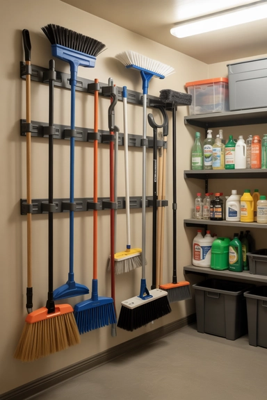 21 Cleaning Supplies Organization Ideas That Actually Work 18 Broom and Mop Wall Storage That Clears Floor Space