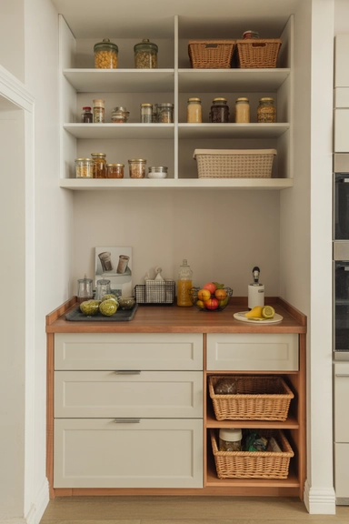 Narrow Walk-In Pantry Ideas That Make Tight Spaces Work (22 Smart Layouts) 18 Narrow Pantry Counter With Under-Shelf Drawers