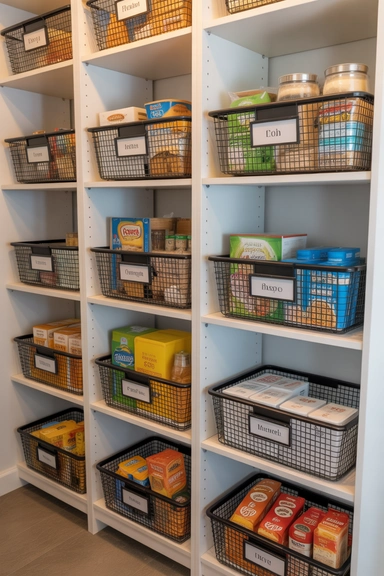 Small Pantry Shelving With Built-In Baskets for Contained Zones