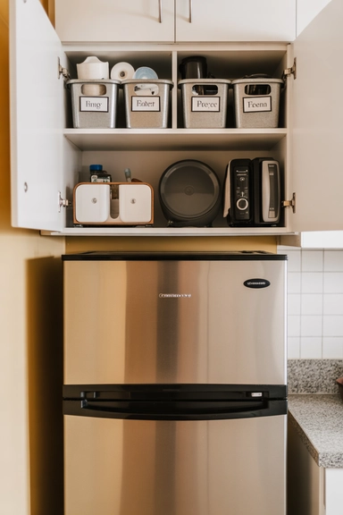 21 Small Kitchen Organization Ideas for Apartments That Actually Work 18 Use Over-the-Fridge Space for Bulk or Rarely Used Items