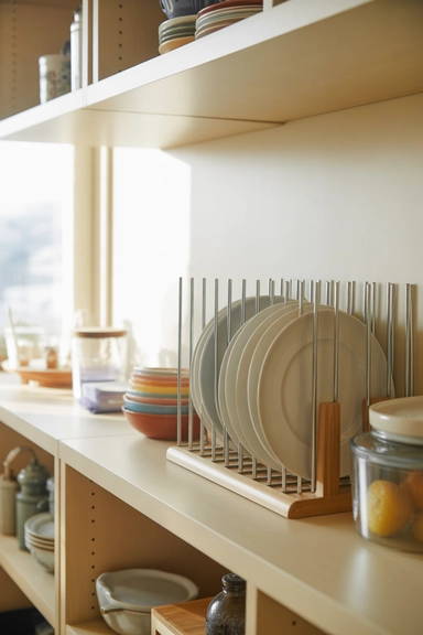 23 Kitchen Shelving Organization Ideas That Reduce Clutter 18 Vertical Plate Storage That Frees Shelf Width