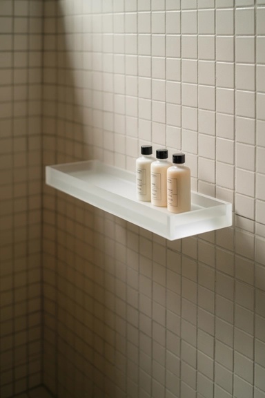 White Acrylic Floating Shelf That Blends Into Tile