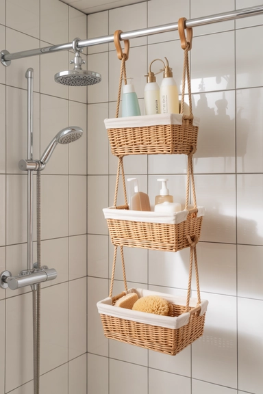 21 Small Bathroom Storage Ideas for Tiny Spaces That Work 19 Shower Rod Baskets for Extra Storage