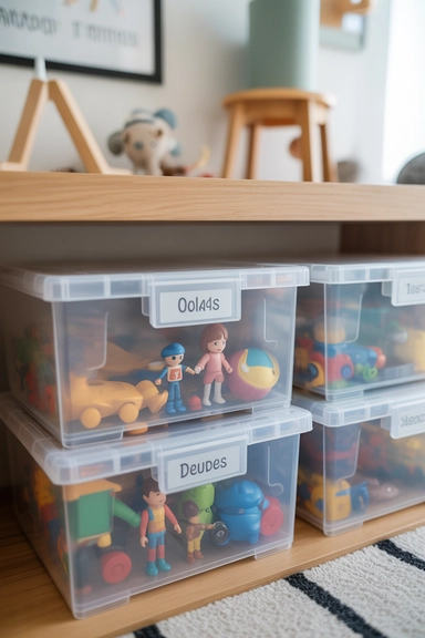 22 Kids Room Storage Ideas That Keep Toys Under Control 19 Use Clear Toy Boxes for Easy Visibility