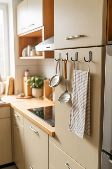 21 Small Kitchen Organization Ideas for Apartments That Actually Work 19 Install Removable Hooks for Towels and Tools