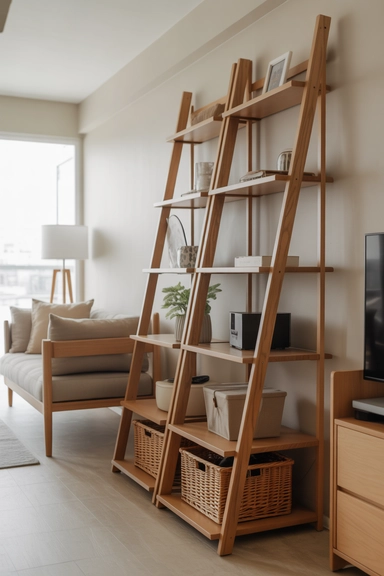 25 Small Living Room Storage Ideas That Reduce Visual Clutter 19 Ladder Shelves That Provide Storage Without Bulk