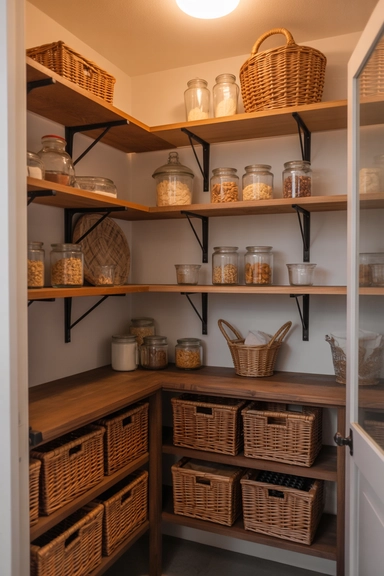 Rustic Wood Shelving That Adds Warmth to Compact Pantries