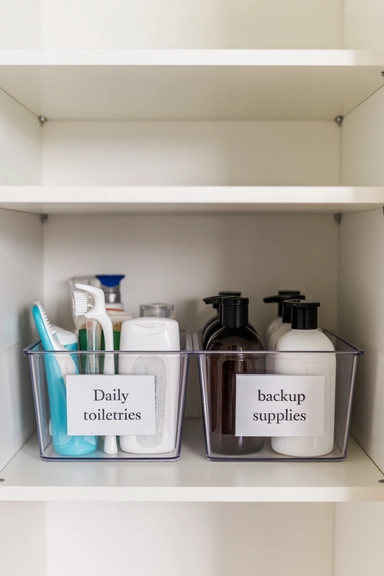 Bathroom Cabinet Bins That Separate Daily and Backup Items