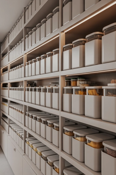 Narrow Walk-In Pantry Ideas That Make Tight Spaces Work (22 Smart Layouts) 20 Consistent Containers That Reduce Visual Clutter