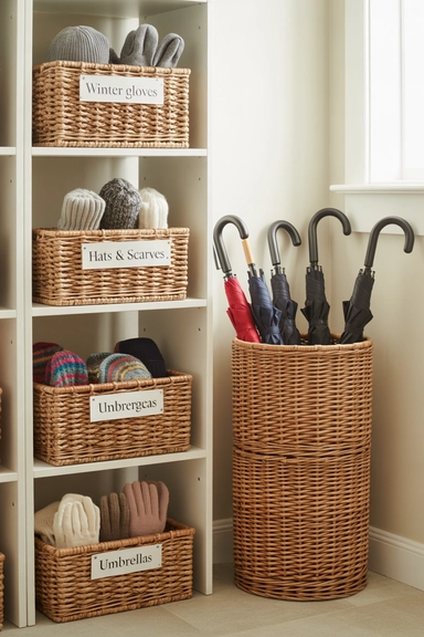 Entryway Storage Baskets for Seasonal Rotation