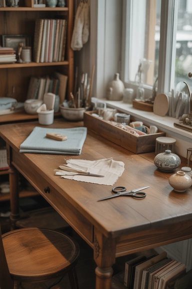 21 Vintage Craft Room Ideas for a Cozy Creative Space 3 Antique Wooden Worktables for Character