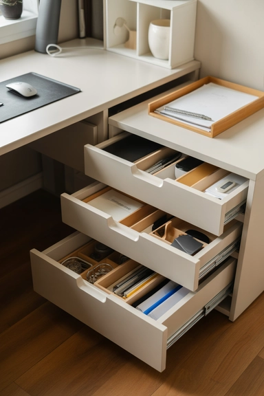 Home Office Storage Ideas That Keep Workspaces Clear 3 Use Drawer Units to Separate Office Supplies