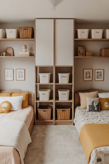 21 Shared Kids Room Organization Ideas That Actually Work 3 Use Matching Storage for Visual Balance