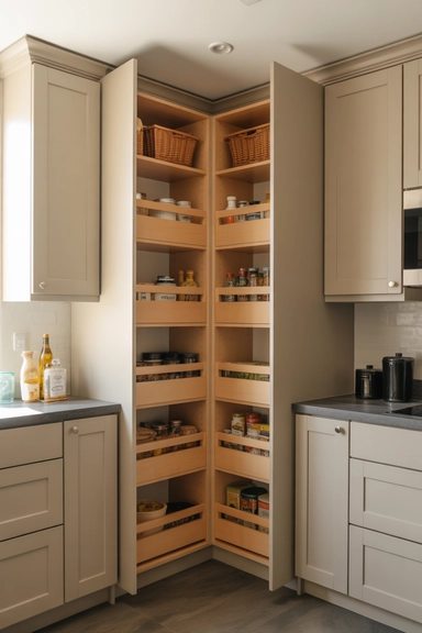 Built-In Corner Pantry Cabinets That Blend Seamlessly