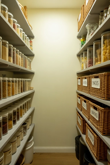 Narrow Walk-In Pantry Ideas That Make Tight Spaces Work (22 Smart Layouts) 3 Double-Shallow Shelving for Balanced Storage