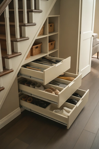 21 Under Stairs Storage Ideas That Turn Dead Space Useful 3 Pull-Out Drawer Units for Deep Stair Cavities