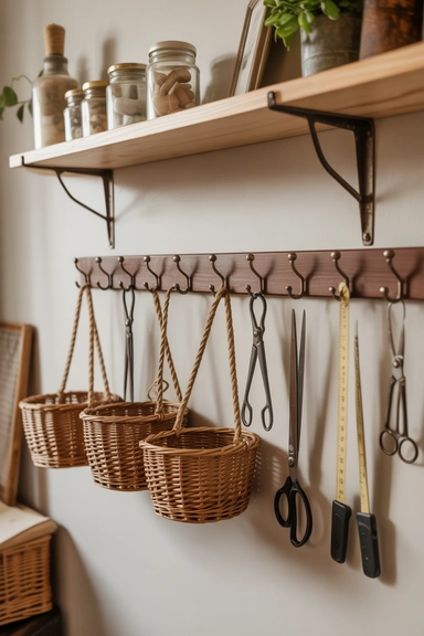 21 Vintage Craft Room Ideas for a Cozy Creative Space 21 Decorative Hooks and Wall Rails