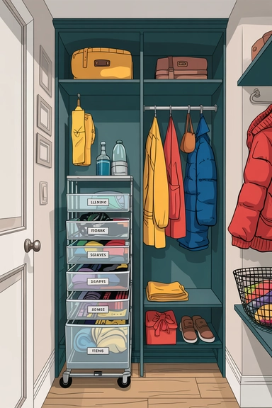 23 Coat Closet Organization Ideas That Actually Work 21 Incorporate a Rolling Drawer Tower for Versatile Storage