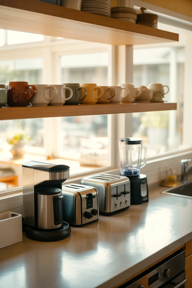 Appliance Storage Under Open Shelving