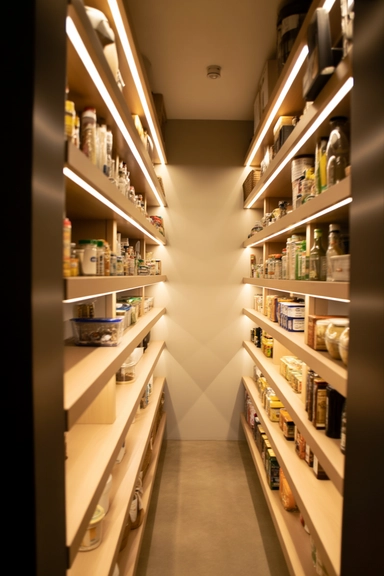 Narrow Walk-In Pantry Ideas That Make Tight Spaces Work (22 Smart Layouts) 21 Narrow Walk-In Pantry Lighting Along Both Sides