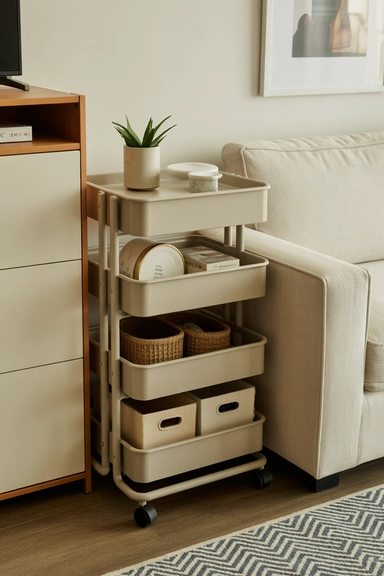 25 Small Living Room Storage Ideas That Reduce Visual Clutter 21 Rolling Storage That Tucks Away After Use