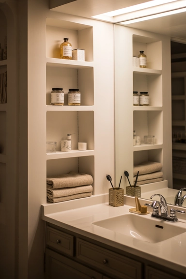 21 Small Bathroom Storage Ideas for Tiny Spaces That Work 22 21 Recessed Shelving Beside the Vanity result