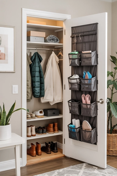 23 Coat Closet Organization Ideas That Actually Work 22 Add an Over-the-Door Organizer for Hidden Storage