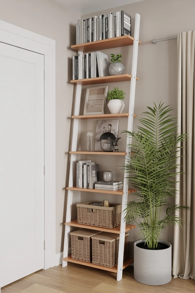 23 Chic Home Organization Ideas For Stylish Homes 22 Decorative Ladder Shelves for Vertical Storage