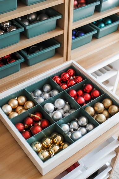 23 Holiday Decoration Storage Ideas That Prevent Chaos Every Year 22 Dedicated Ornament Color Sorting System