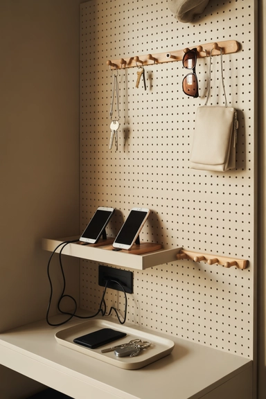 21 Pegboard Organization Ideas That Actually Work 22 Entryway Pegboard Wall with Charging Station