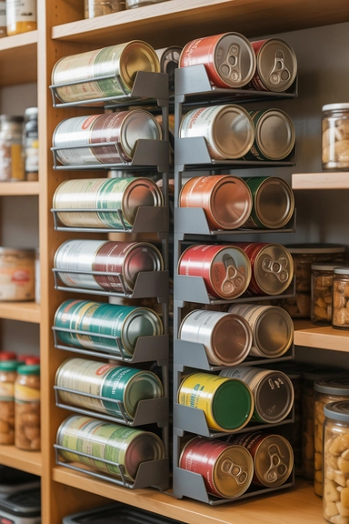 Use Vertical Rack Storage for Cans and Bottles