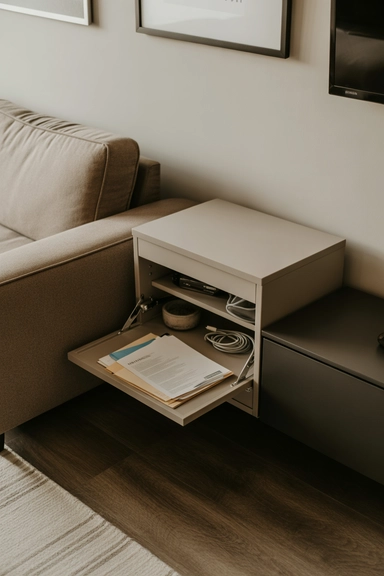 25 Small Living Room Storage Ideas That Reduce Visual Clutter 22 Wall-Mounted Drop Cabinets That Hide Paper and Tech Clutter