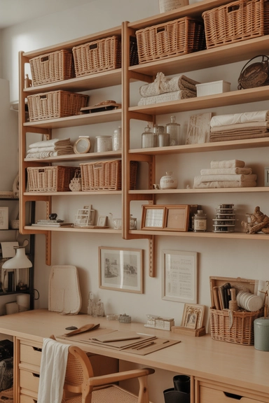 21 Vintage Craft Room Ideas for a Cozy Creative Space 4 Open Shelving With Wicker Baskets
