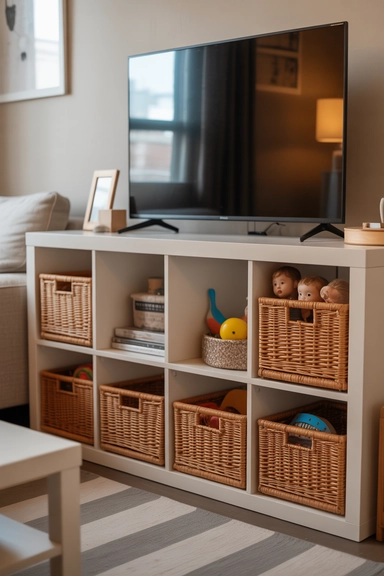 21 TV Stand Storage Ideas That Hide Everyday Mess 4 Cube Storage TV Stands With Hidden Baskets