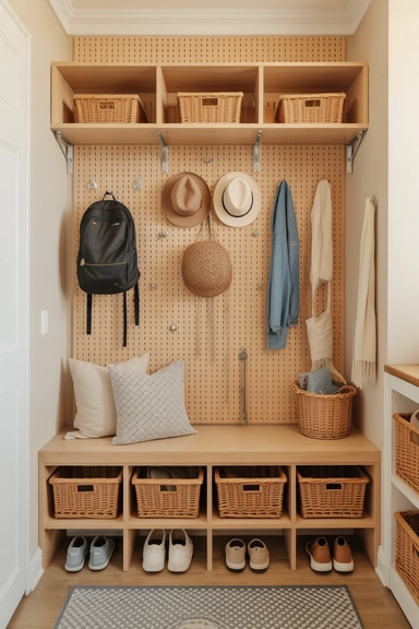 21 Pegboard Organization Ideas That Actually Work 4 Entryway Pegboard Wall with Built-In Seating and Storage