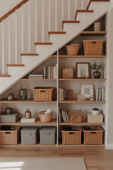 21 Under Stairs Storage Ideas That Turn Dead Space Useful 4 Open Shelving With Structured Zones