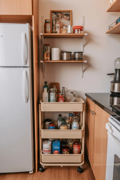 21 Small Kitchen Organization Ideas for Apartments That Actually Work 5 Add a Slim Rolling Cart for Flexible Storage