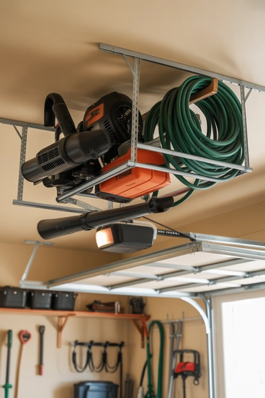 23 Garden Tool Organization Ideas for Garage and Shed Storage 5 Install Ceiling Storage for Seasonal Tools