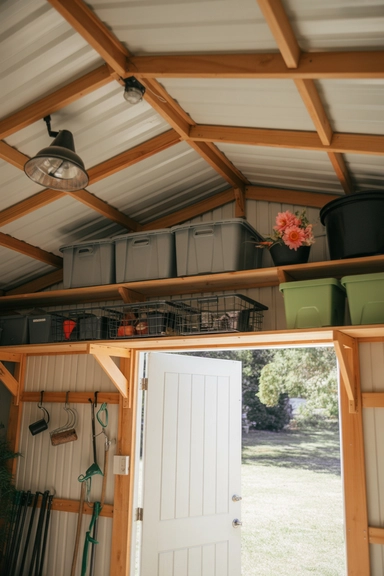 21 Shed Storage Organization Ideas That Keep Tools Visible 5 Overhead Storage for Seasonal Equipment