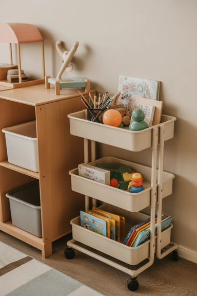 22 Kids Room Storage Ideas That Keep Toys Under Control 6 Add Rolling Toy Carts for Flexible Storage