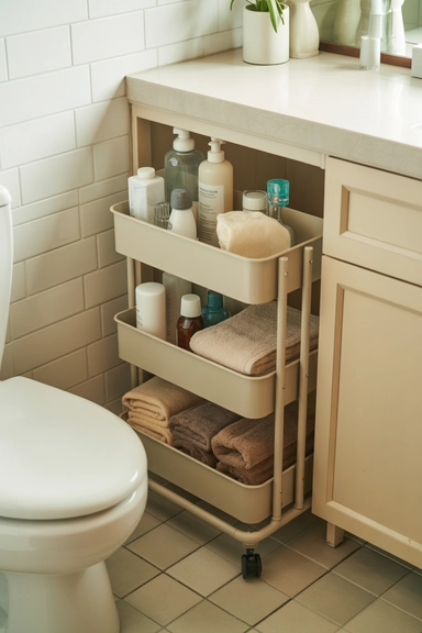 21 Small Bathroom Storage Ideas for Tiny Spaces That Work 6 Slim Rolling Carts Between Fixtures