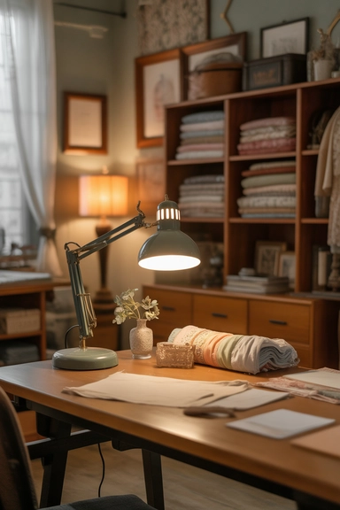21 Vintage Craft Room Ideas for a Cozy Creative Space 6 Soft Layered Lighting for Warmth
