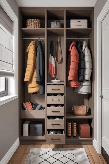 23 Coat Closet Organization Ideas That Actually Work 6 Incorporate a Pull-Out Drawer Tower for Hidden Storage