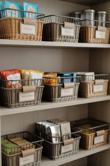 23 Kitchen Shelving Organization Ideas That Reduce Clutter 6 Basket Containment That Controls Small Loose Items
